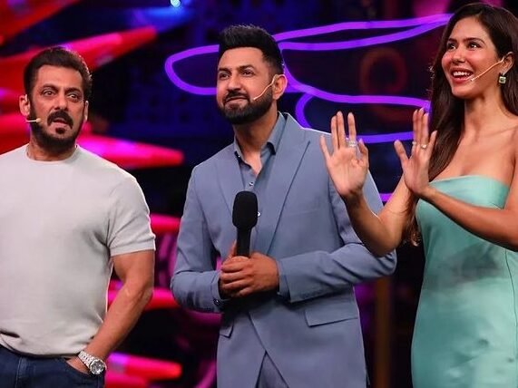 Gippy Grewal and Sonam Bajwa with Salman Khan in Bigg Boss OTT Season 2 